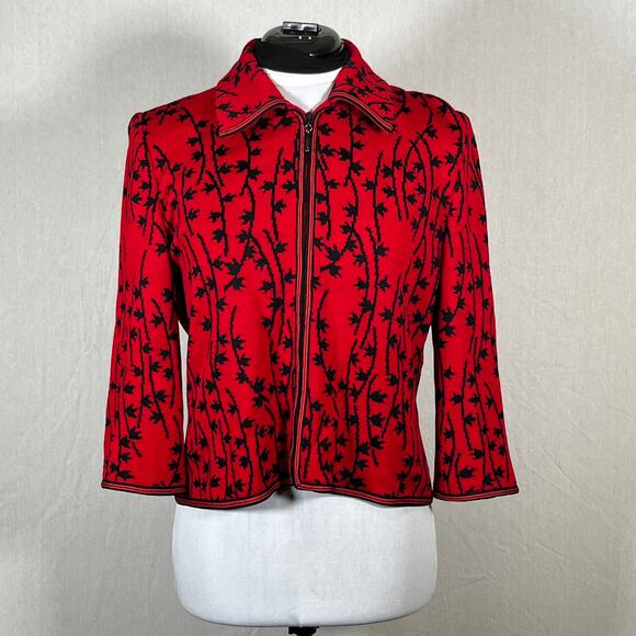 Vintage St John Collection Knit Zip Cardigan Jacket Red Leaf Pattern Size 6